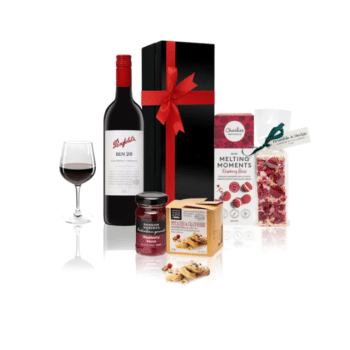 Penfold Hamper: Luxury red wine and sweets in a magnetic box, ideal for festive gifting.