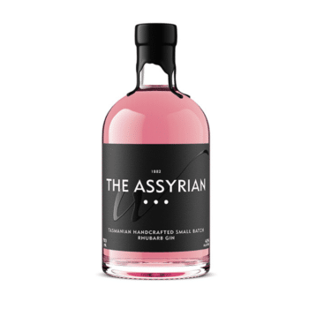 A bottle of The Assyrian Rhubarb Gin, 700ml, featuring a unique rhubarb-infused flavour.