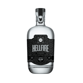 Bottle of Hellfire Tasmanian London Dry Gin with botanical ingredients juniper, orange, coriander.