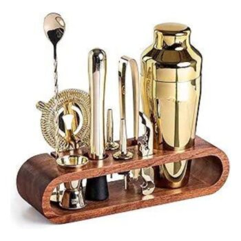 Elevate your home bar with this elegant 10-Piece Bartender Kit with Mahogany Stand - Gold Cocktail Shaker Set & Gift. Perfect for mixing drinks in style and impressing guests.