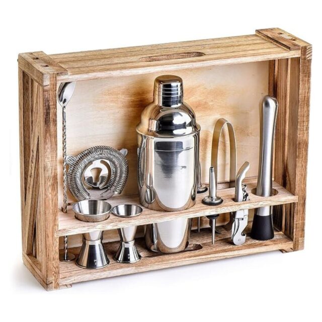 11-Piece Bartender Kit with Wood Stand - Silver